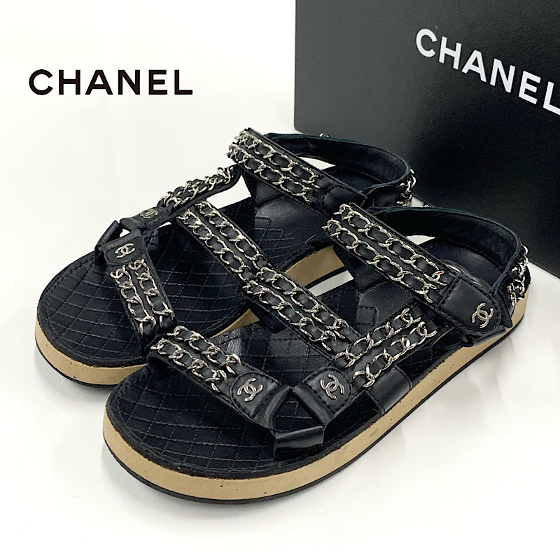 【エレガント♪】シャネル フラットサンダル マトラッセ CHANEL 9520 シャネル レザー ココマーク チェーン フラットサンダル