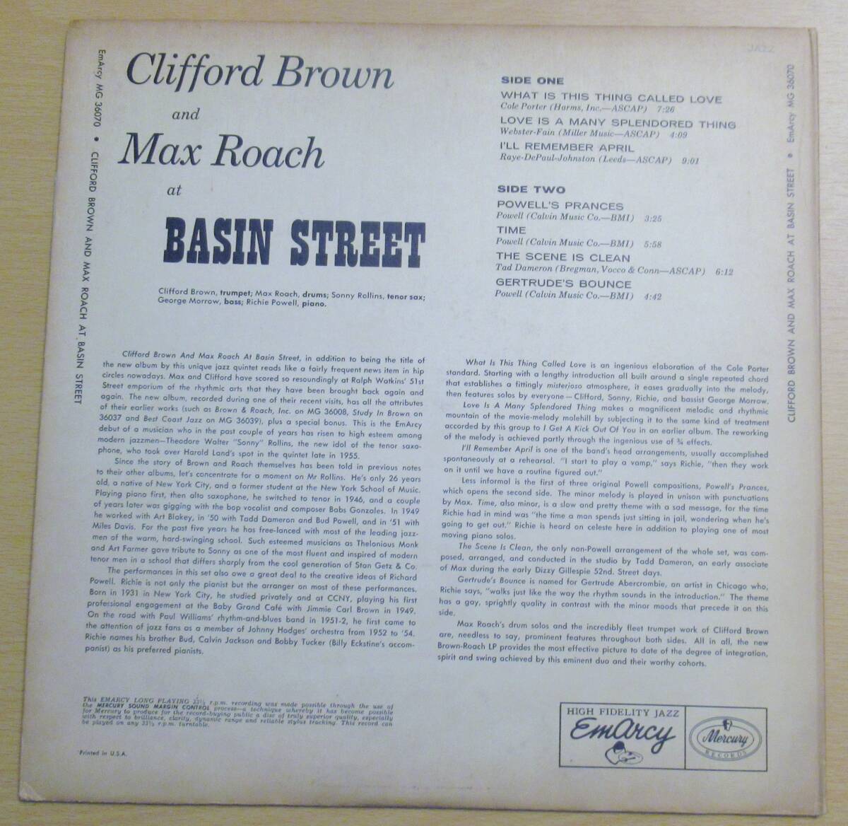 レコード〈 LP〉クリフォード・ブラウン&マックス・ローチ（Clifford Brown And Max Roach） At Basin Street の画像2