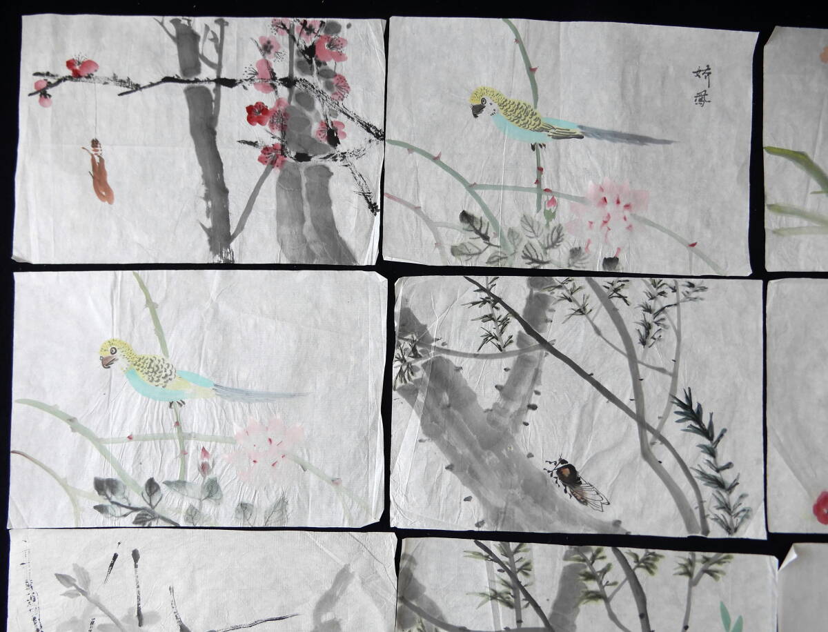 中国絵画　花鳥画　手描き　試作　9枚セット　手本　墨彩画　水墨画　書道　篆刻　２_画像2