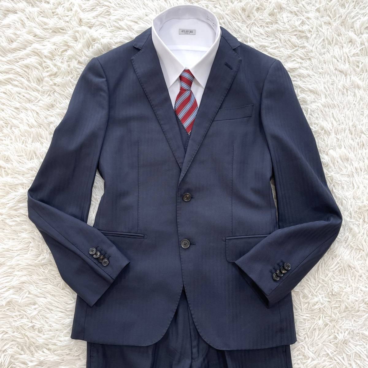 美品 L ザスーツカンパニー 3ピース スーツ 紺 ストライプ リバーシブル ベスト THE SUIT COMPANY ネイビー 3P セットアップ 上下 ビジネス_画像2