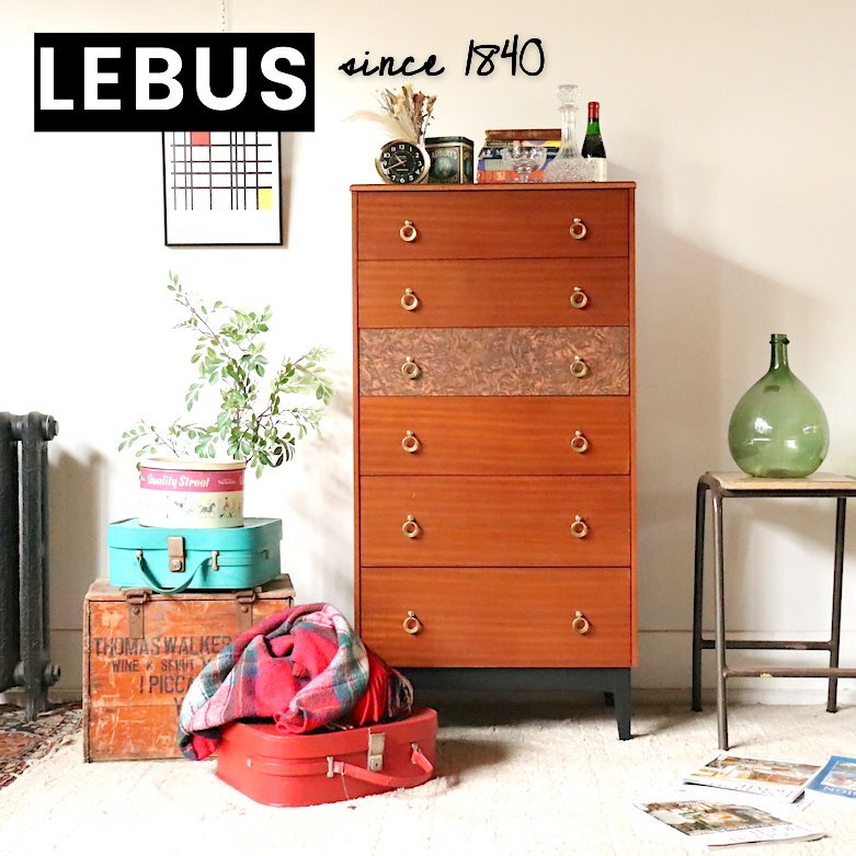 ○。イギリス製 1960年代 ミッドセンチュリーモダン LEBUS（ハリス リーバス）社 チェスト/TALLBOY/洋服タンス/英国アンティーク/再塗装済の画像1