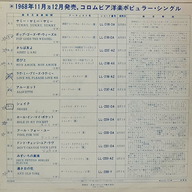 ■稀少盤【LP】コロムビア洋楽ポピュラー・シングル集・’68.11・12月発売強力新譜／ヤミー・ヤミ－・ヤミー/シェイク 他全12曲■_画像2