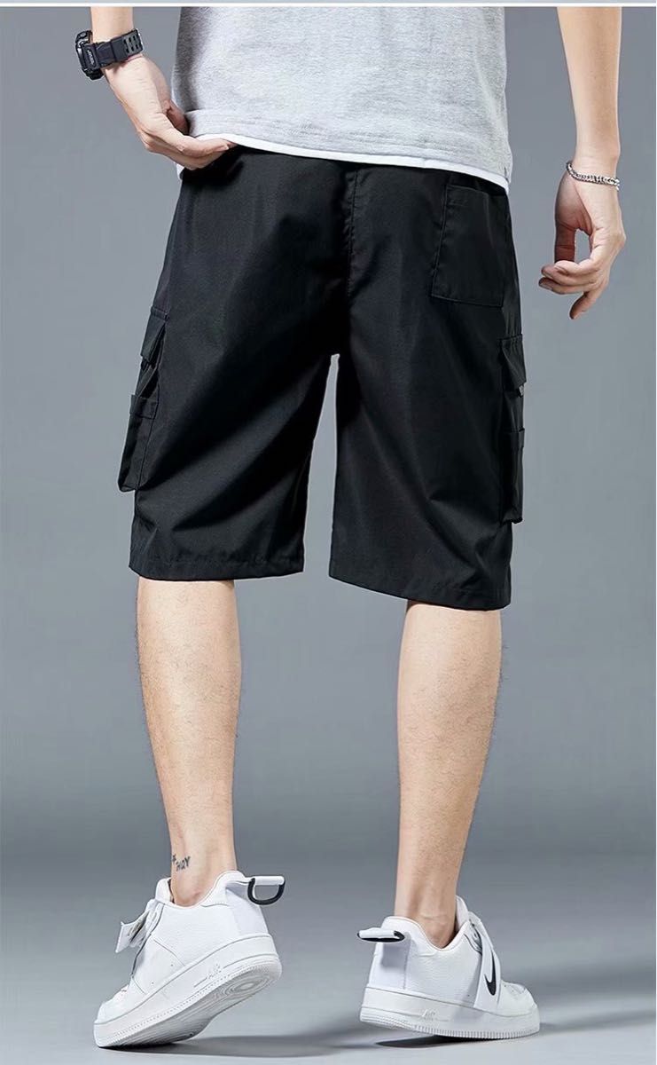 黒 L メンズ ハーフパンツ 短パン  ポケット付き カーゴパンツ　シンプル　無地　軽量　多機能