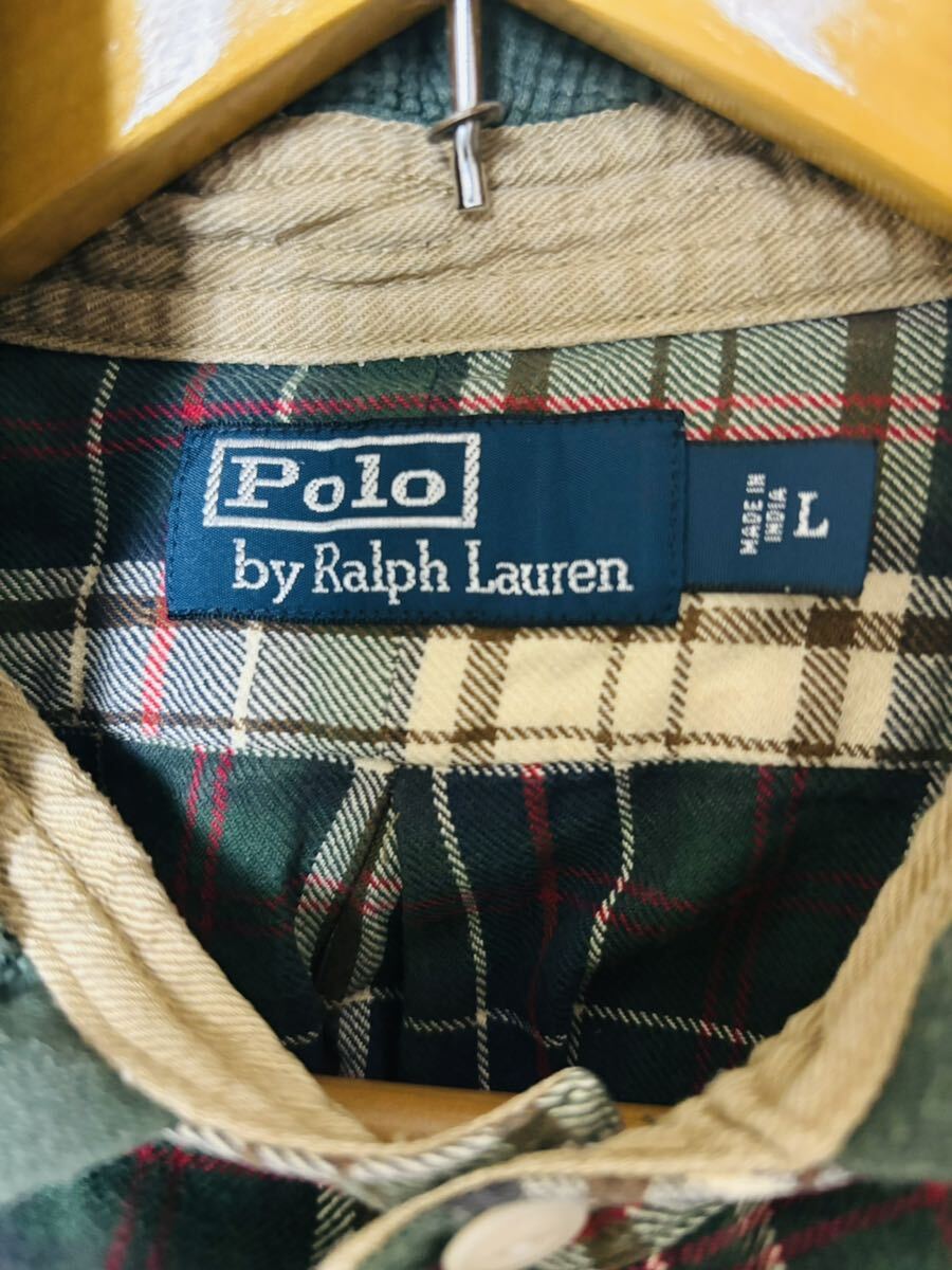 ビンテージ 90s 90年代 polo by ralph lauren フードレイヤード チェックシャツ パーカー キムタク着 木村拓哉 グリーン マドラスチェックの画像4