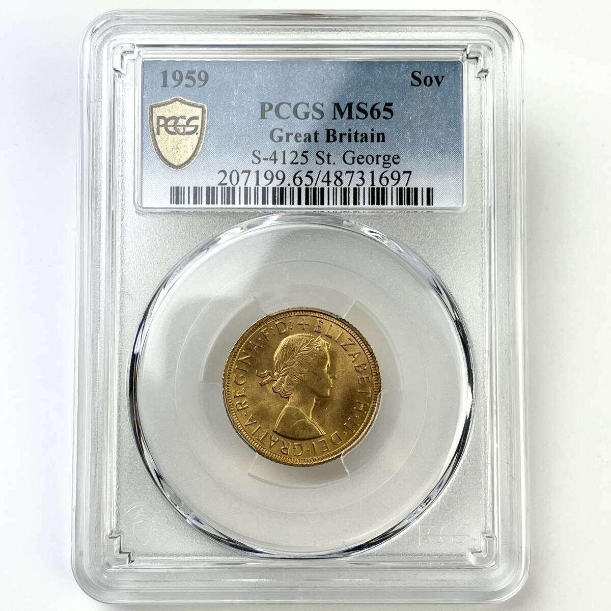 ★希少年号 MS65 高鑑定★ 1959年 イギリス ヤングヤングエリザベス 1ソブリン金貨 竜退治 PCGS アンティークコイン 貨幣 硬貨 世界 (C-49の画像3