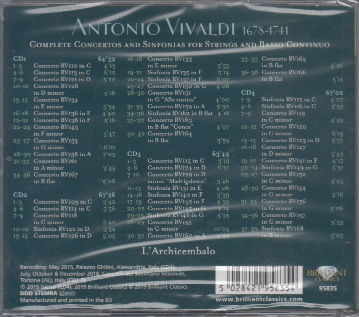 ◆新品・送料無料◆ヴィヴァルディ：弦楽のための協奏曲とシンフォニア集～ラルキチェンバロ 4枚組 Import s1134の画像2