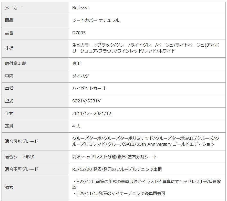 決定的処分！【個人出品】ベレッツァ シートカバー・ナチュラル ハイゼットカーゴ S321V/S331V[2011/12～2021/12 4人乗り車]D7005 Bellezza_画像6