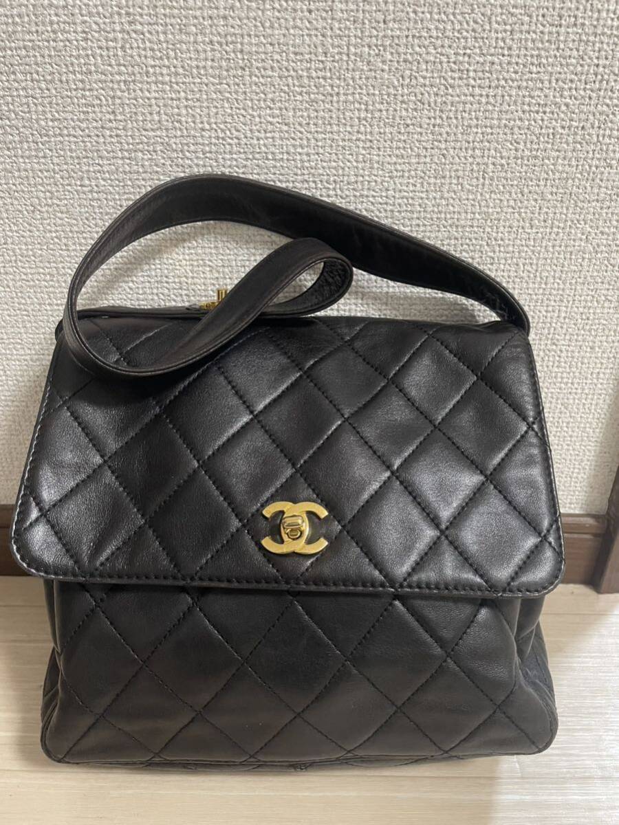 【真贋済】CHANEL シール 有 CHANEL シャネル マトラッセ ラムスキン レザー ハンドバッグ ミニ トートバッグ ブラック の画像1