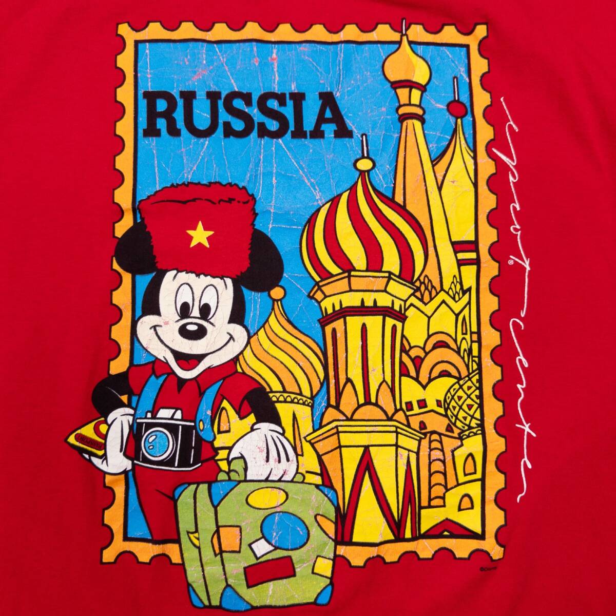 古着 80s 天使 ディズニー レア ミッキープリント RUSSIA キャラT Tシャツ トップス メンズXXL相当 USA製 レッド シングルステッチ_画像6