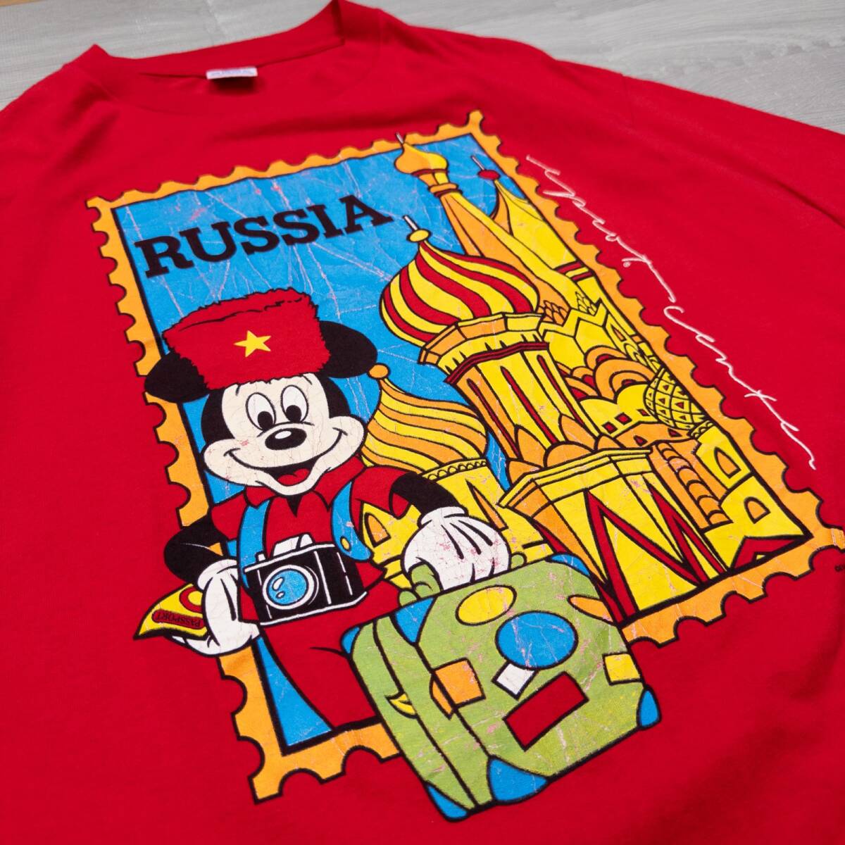 古着 80s 天使 ディズニー レア ミッキープリント RUSSIA キャラT Tシャツ トップス メンズXXL相当 USA製 レッド シングルステッチ_画像4