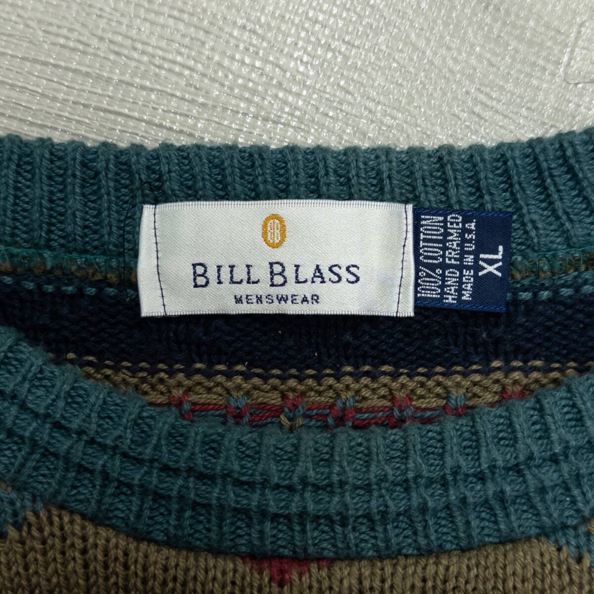 古着 90s BILL BLASS 総柄コットンニット メンズXL カーキ ブラック ホワイト_画像3