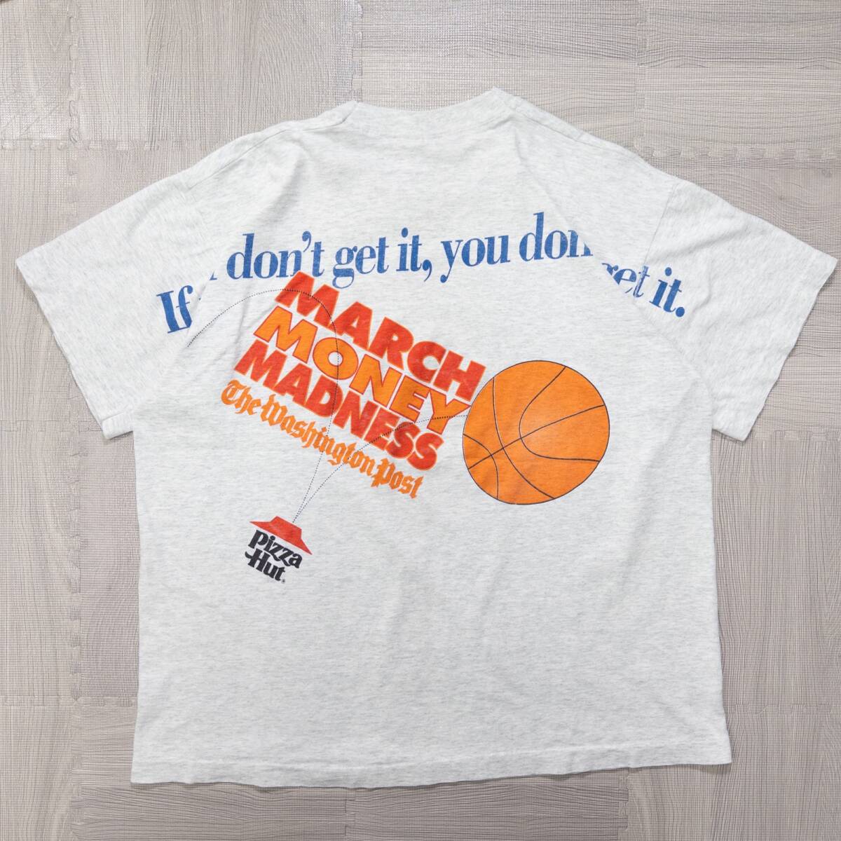 古着 90s フルーツオブザルーム ピザハット バスケットボール 企業系 プリントTシャツ トップス メンズXL グレー USA製 シングルステッチ_画像2