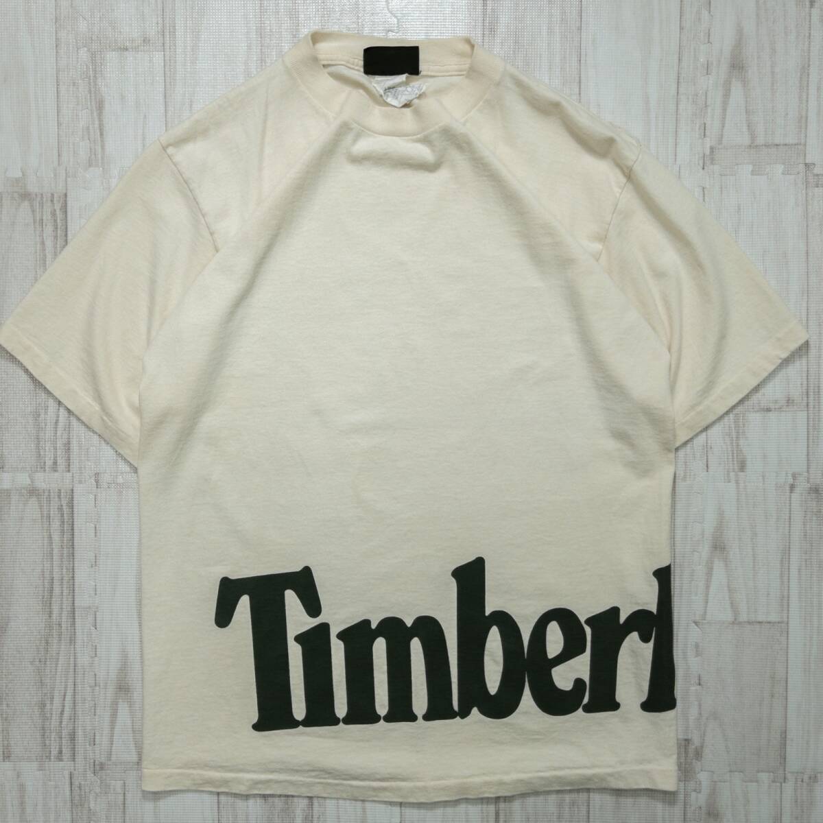  old clothes 90s Timberland Timberland large size Logo T-shirt tops men's M corresponding usa made beige ivory single stitch 