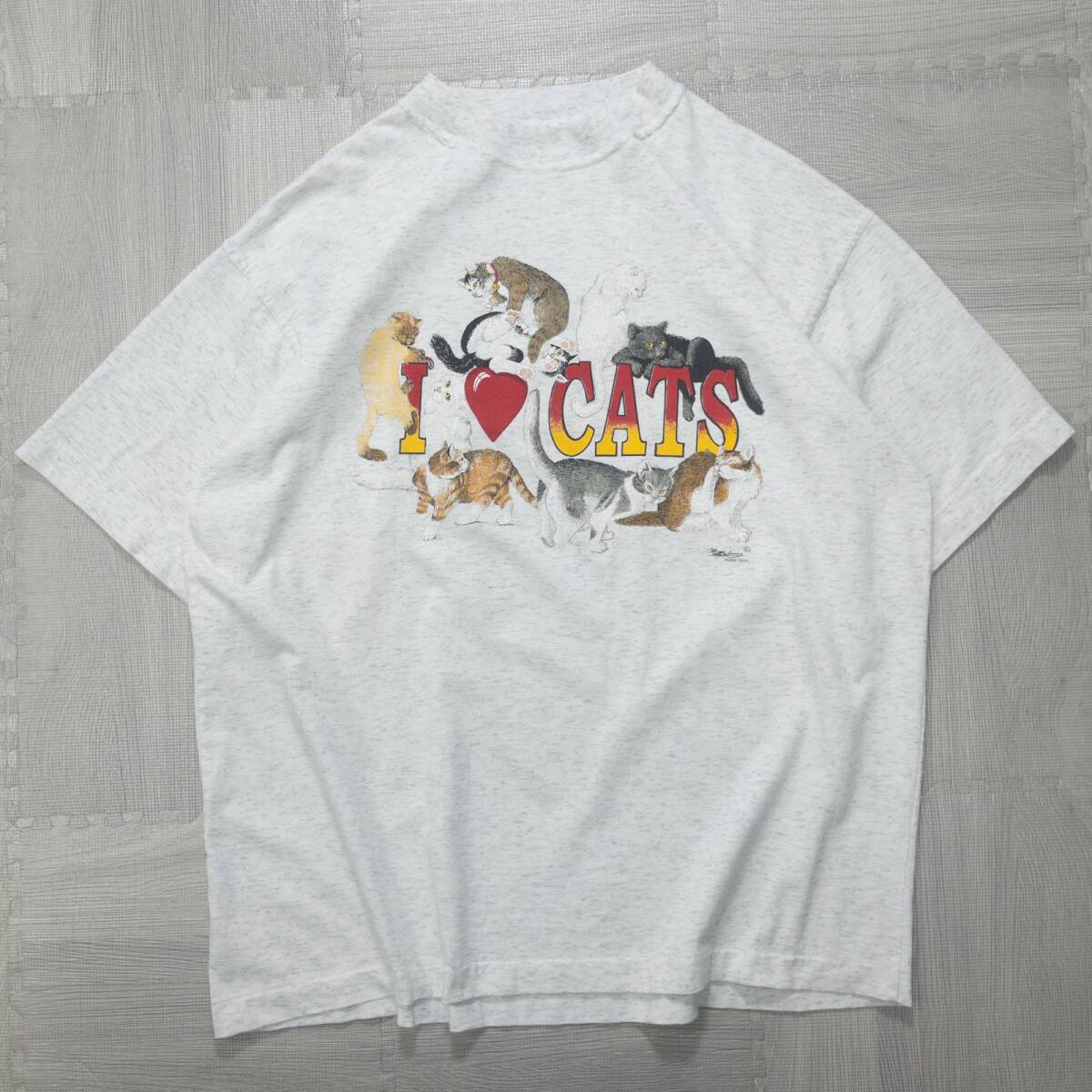 古着 80s 90s I LOVE CAT 猫 アニマルプリント Tシャツ トップス メンズXL相当 霜降りグレー USA製 シングルステッチ_画像1