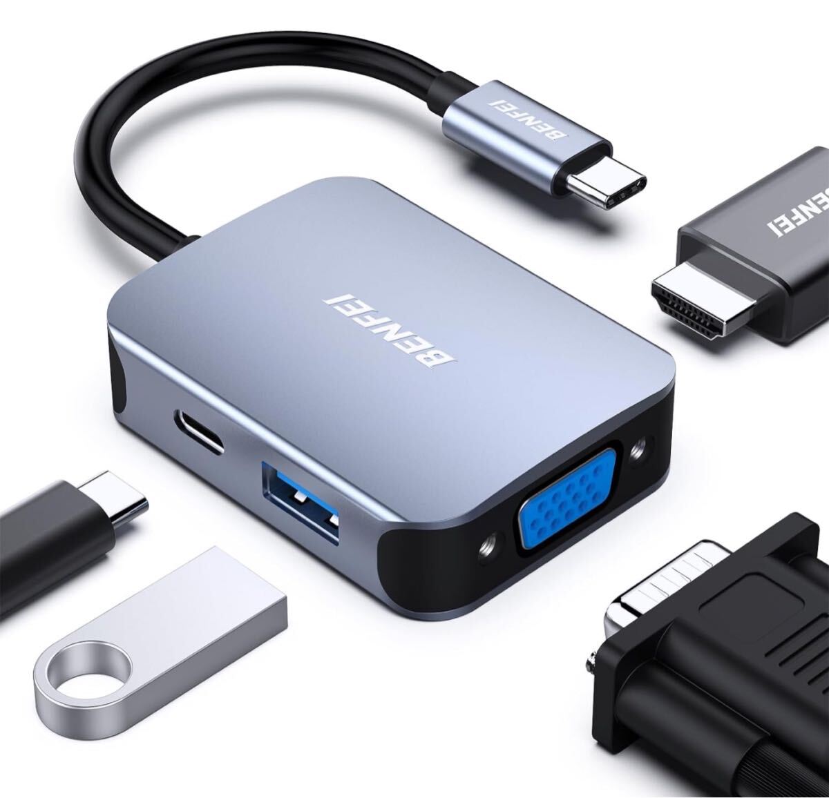 4in1 USB C ハブ、USB C-HDMI VGA USB3.0 PD充電アダプタ、タイプc HDMI VGA 変換アダプタ Thunderbolt 3/4 互換 iPhone 15 Pro/Max, Mac_画像1