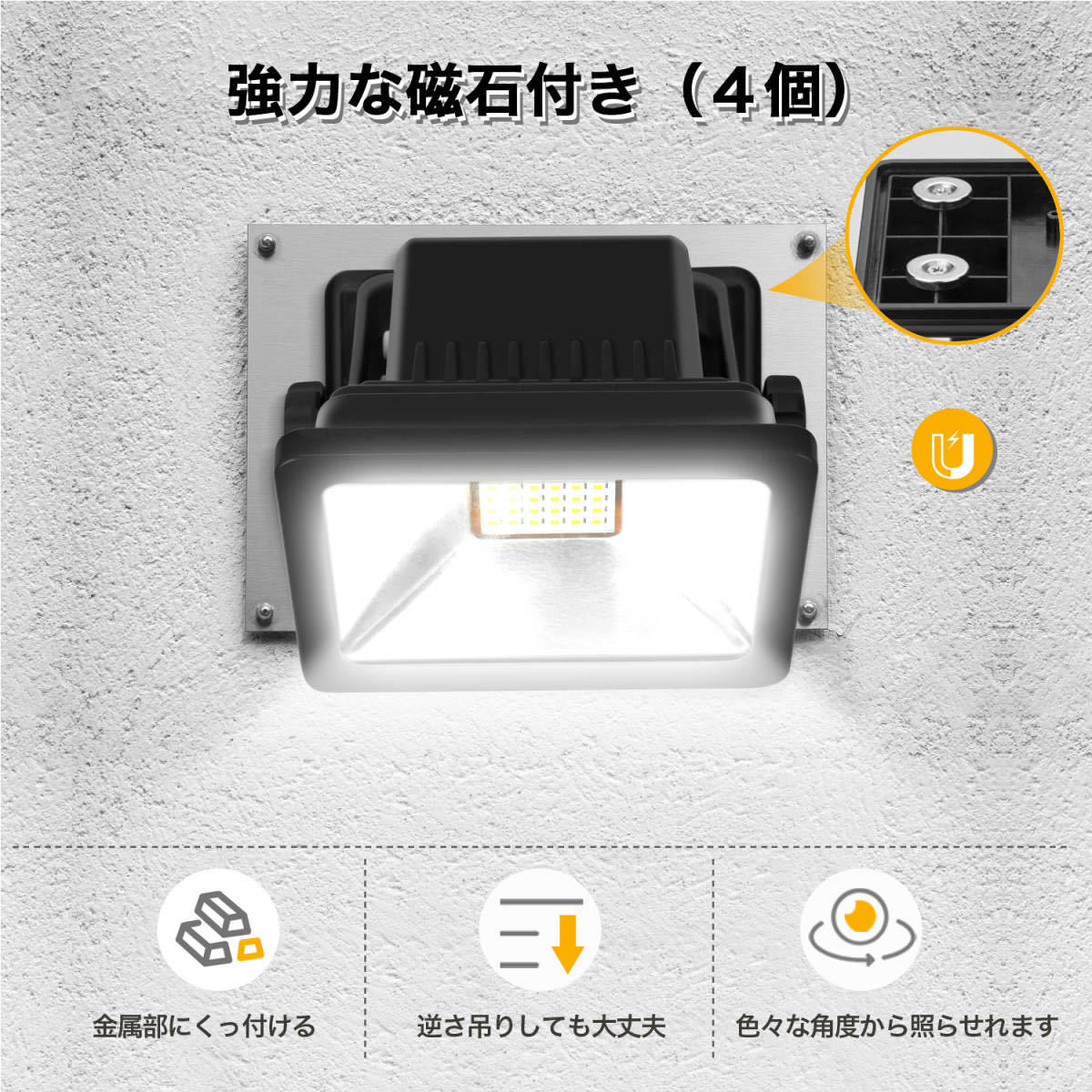 LED投光器 充電式 マグネット30W ポータブル投光器 3段階調光 屋外 led LED作業灯/ワークライト/集魚灯 超薄 折り畳み式 警告灯 IP65防水_画像4