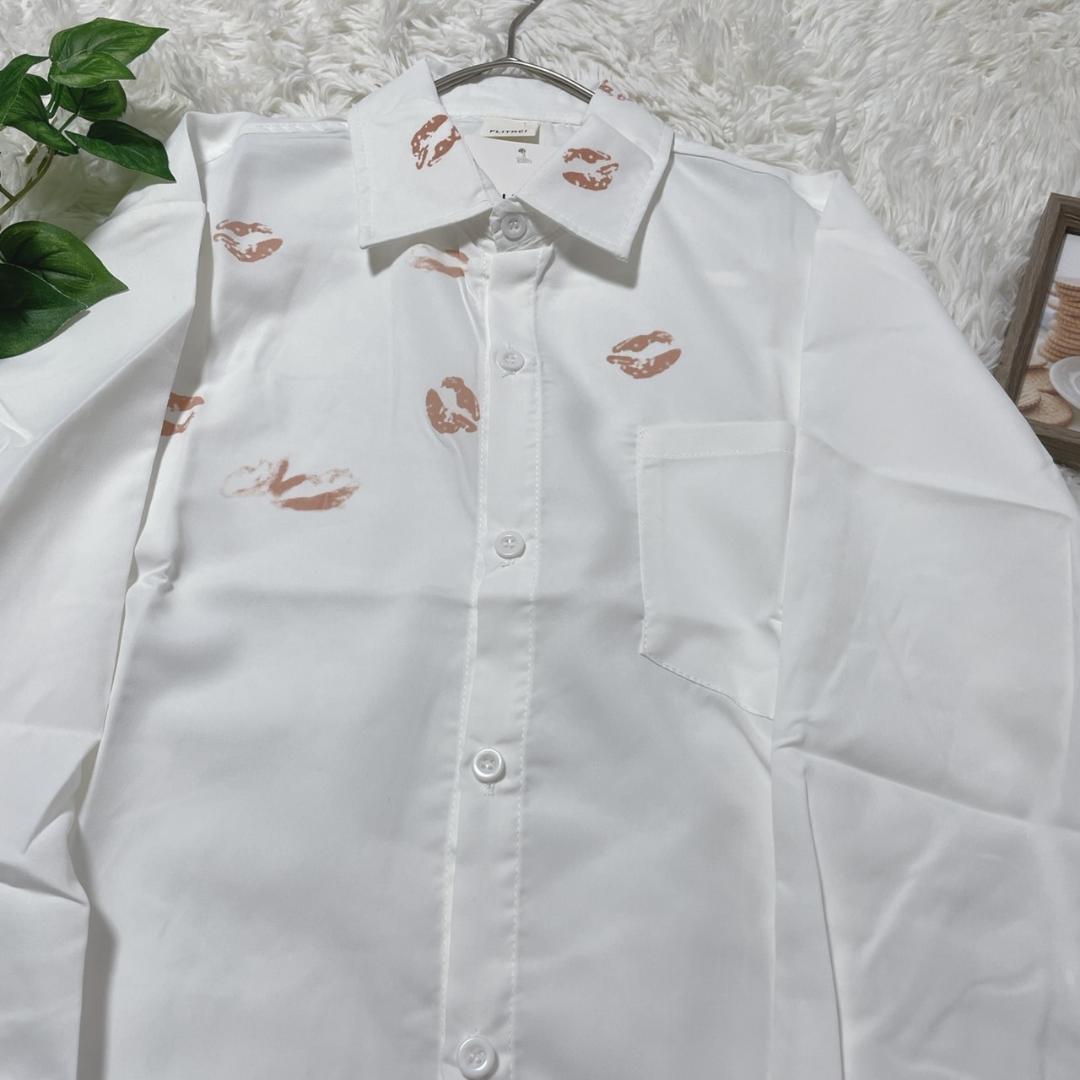 L 白 シャツ ワイシャツ キスマーク メンズ キス柄 唇 アクセント オシャレ こなれ感の画像8