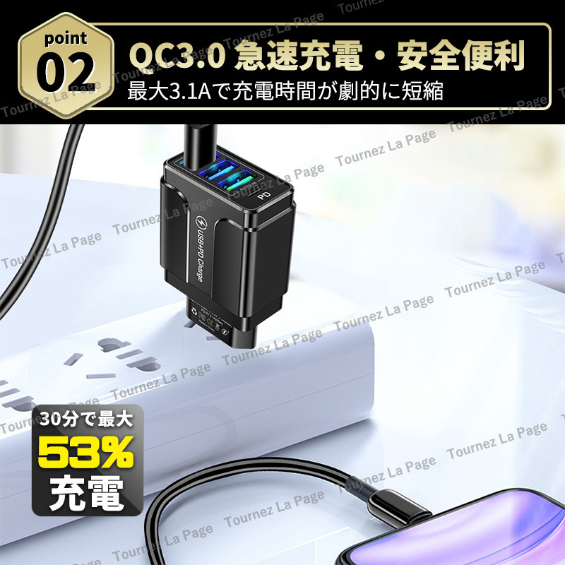 USB アダプター 充電器 36W TypeC 急速充電器 4ポート同時充電 USBチャージャー PD 白 ２個セット コンセント スマホ アダプタ- QC3.0 3.1A_画像5