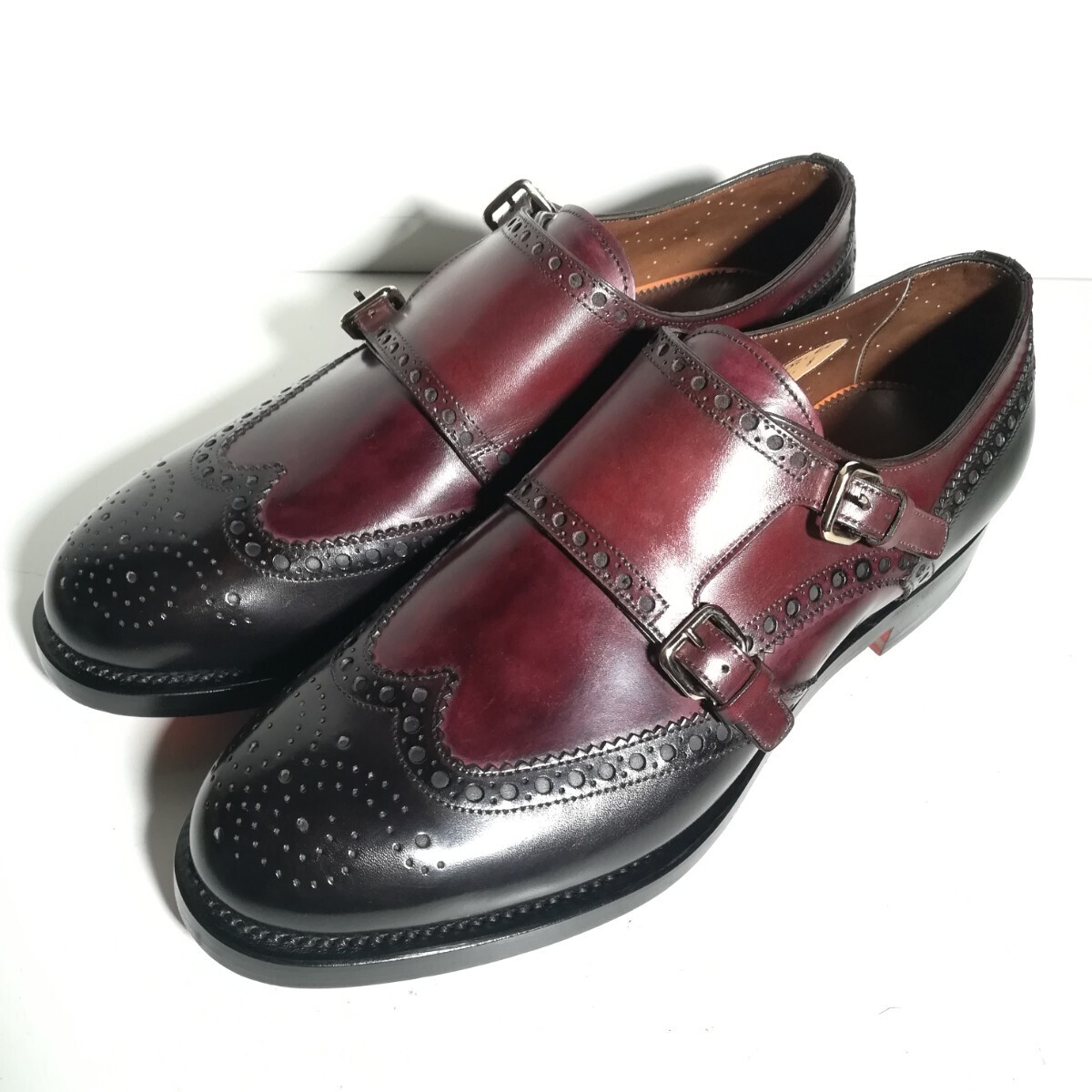 c0181 【新品同様・試着程度】 ★サントーニ Santoni★ ダブルモンクストラップ 8 27.0~27.5cm程度 黒×バーガンディ ドレス 革靴 紳士靴_画像1