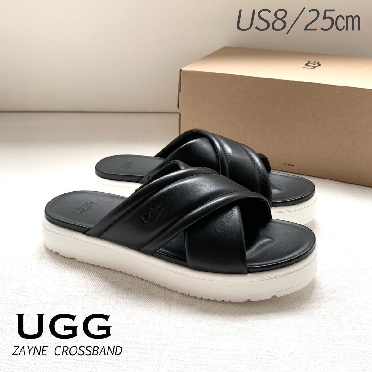 新品 UGG アグ ZAYNE CROSSBAND クロスバンド レザー サンダル 25㎝ US8 黒 ブラック レディース 厚底 ミュール 送料無料_画像1