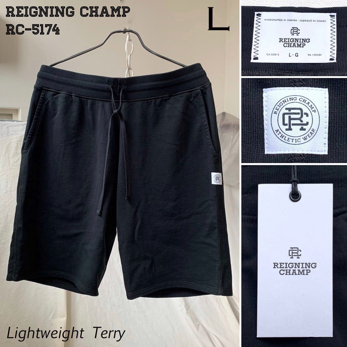 L 新品 カナダ製 REIGNING CHAMP レイニングチャンプ ライトウェイトテリー スウェット ショーツ RC-5174 黒 ショート パンツ 送料無料_画像1