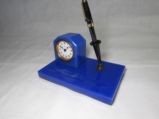 KI レトロ アンティーク 動作品 東洋時計 青ガラス ペン立て付き ゼンマイ テンプ式 置き時計の画像2