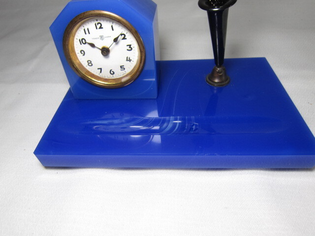 KI　レトロ　アンティーク　動作品　東洋時計　青ガラス　ペン立て付き　ゼンマイ　テンプ式　置き時計