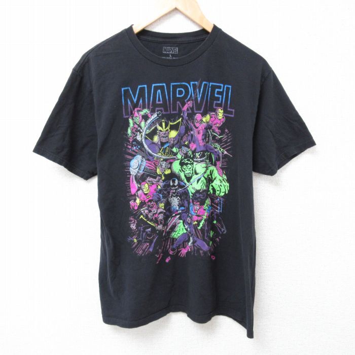 L/古着 半袖 Tシャツ メンズ マーベル スパイダーマン アイアンマン コットン クルーネック 黒 ブラック 24apr02 中古_画像1