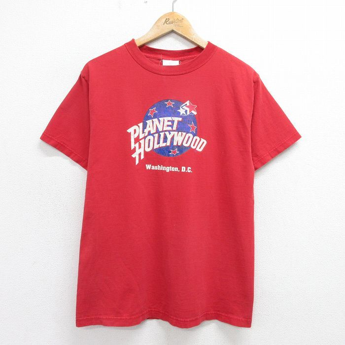 L/古着 プラネットハリウッド 半袖 ビンテージ Tシャツ メンズ 90s ビッグロゴ コットン クルーネック 赤 レッド 24apr03 中古_画像1