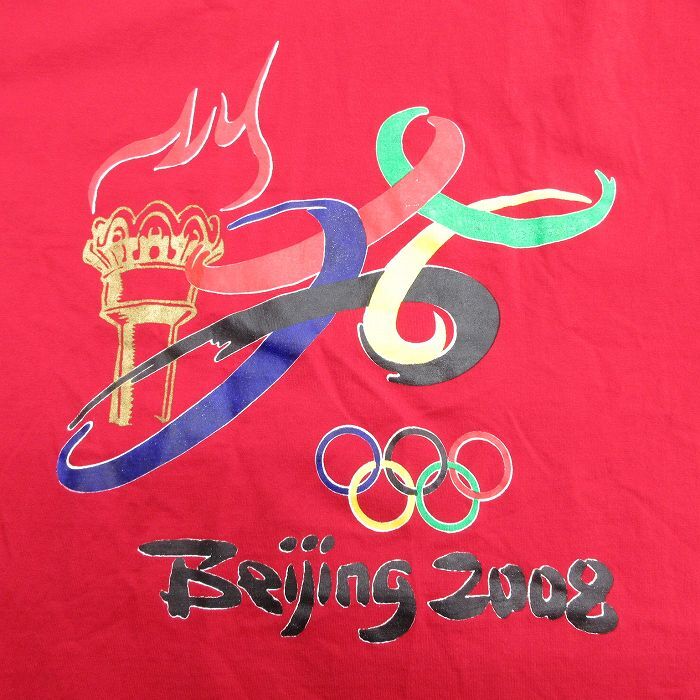 L/古着 半袖 ビンテージ Tシャツ メンズ 00s 北京オリンピック コットン クルーネック 赤 レッド 24apr03 中古_画像2