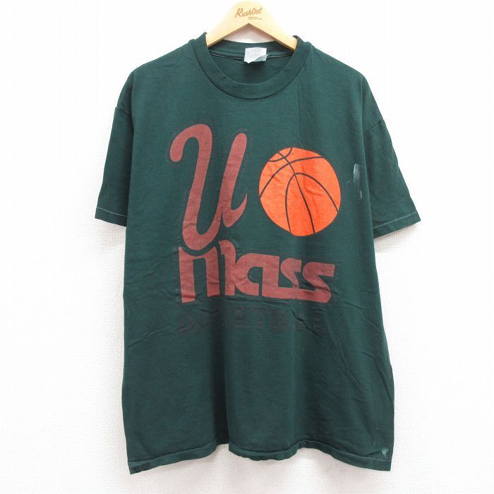 XL/古着 ヘインズ 半袖 ビンテージ Tシャツ メンズ 90s バスケットボール Umass 大きいサイズ コットン クルーネック 緑 グリーン 24apr08_画像1