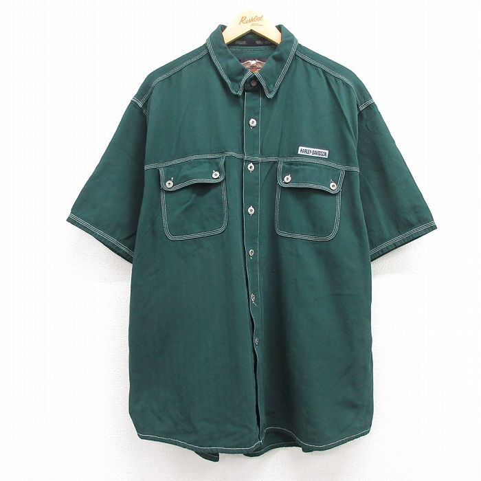 XL/古着 ハーレーダビッドソン 半袖 シャツ メンズ ワンポイントロゴ ヘリンボーン 大きいサイズ コットン 緑 グリーン 24apr11 中古 トッの画像1