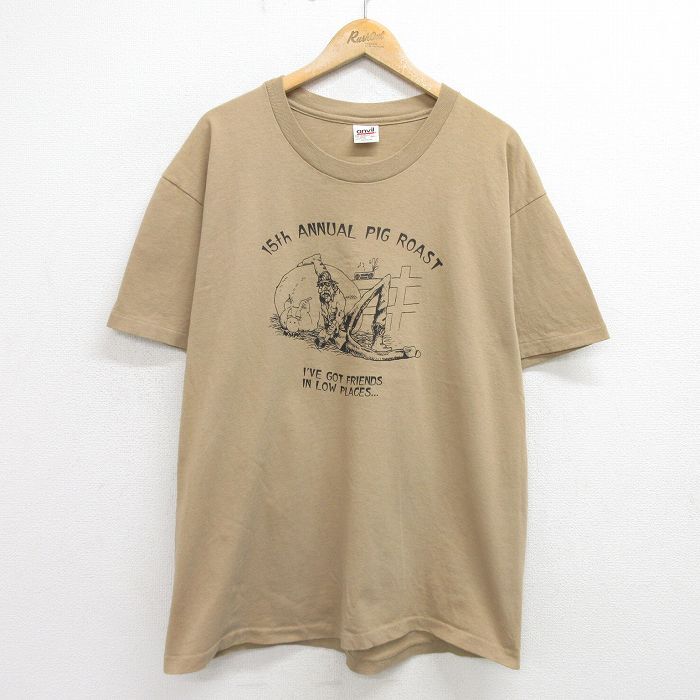 XL/古着 半袖 ビンテージ Tシャツ メンズ 90s ブタ 男性 コットン クルーネック ベージュ カーキ 24apr11 中古_画像1