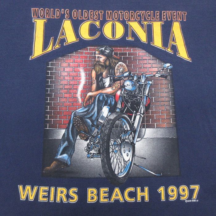 XL/古着 フルーツオブザルーム 半袖 ビンテージ Tシャツ メンズ 90s バイク ラコニア 大きいサイズ コットン クルーネック 紺 ネイビー 24a_画像3