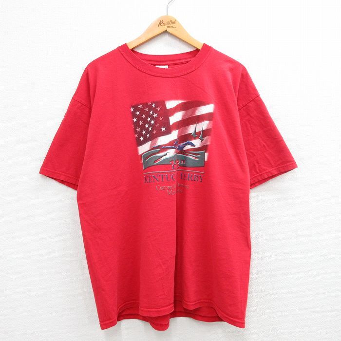 XL/古着 半袖 ビンテージ Tシャツ メンズ 00s ケンタッキー ダービー 星条旗 大きいサイズ コットン クルーネック 赤 レッド 24apr13 中古_画像1