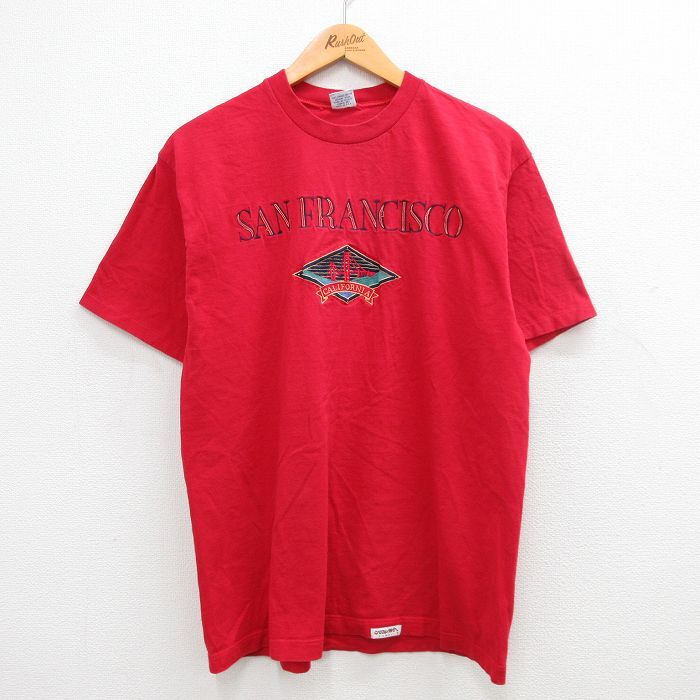 L/古着 Crazy Shirts 半袖 ビンテージ Tシャツ メンズ 90s サンフランシスコ 刺繍 コットン クルーネック 赤 レッド 24apr16 中古_画像1