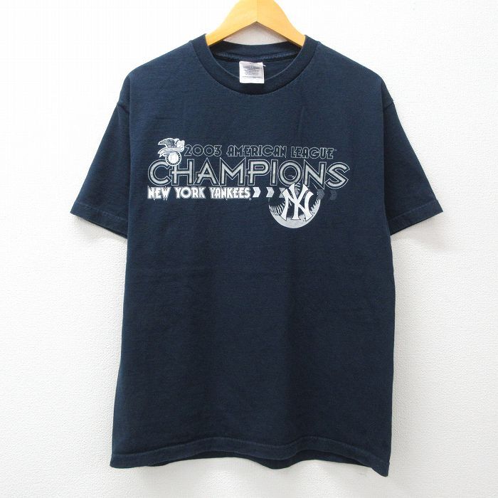 L/古着 半袖 ビンテージ Tシャツ メンズ 00s MLB ニューヨークヤンキース 松井秀喜 コットン クルーネック 紺 ネイビー メジャーリーグ ベ_画像2