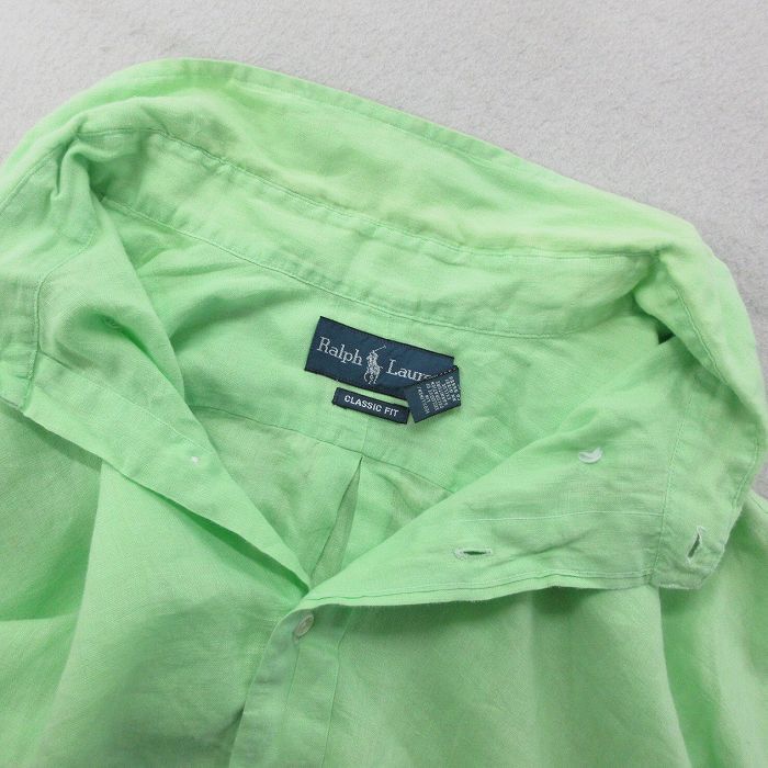 XL/古着 ラルフローレン 半袖 ブランド シャツ メンズ 90s ワンポイントロゴ ロング丈 大きいサイズ リネン ボタンダウン 黄緑 spe 24apr22_画像6