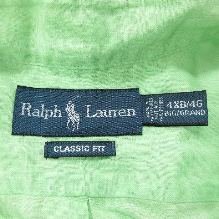 XL/古着 ラルフローレン 半袖 ブランド シャツ メンズ 90s ワンポイントロゴ ロング丈 大きいサイズ リネン ボタンダウン 黄緑 spe 24apr22_画像4