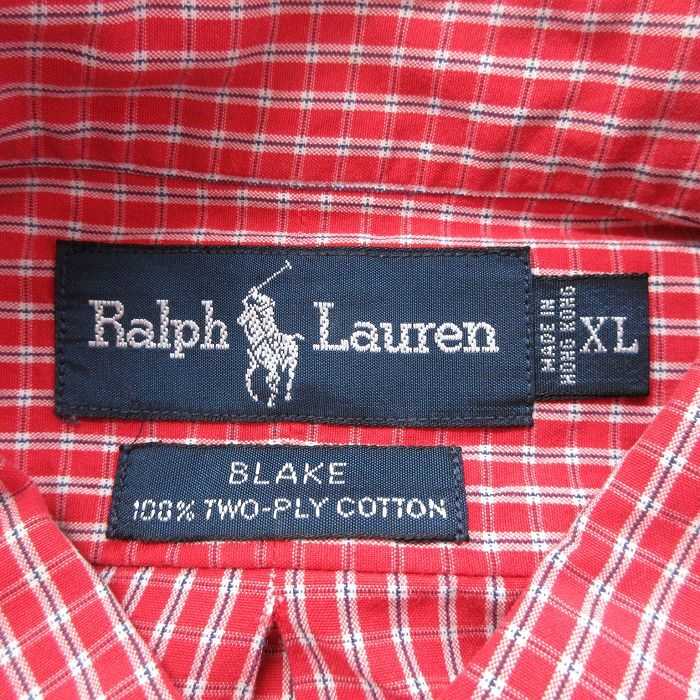 XL/古着 ラルフローレン 長袖 ブランド シャツ メンズ 90s ワンポイントロゴ BLAKE 大きいサイズ コットン ボタンダウン 赤他 レッド チェ_画像5