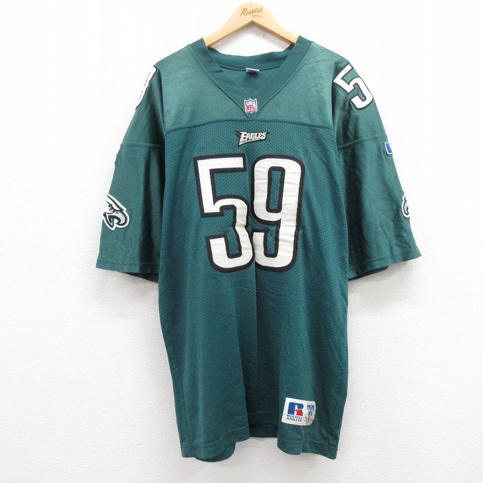 XL/古着 ラッセル 半袖 ビンテージ フットボール Tシャツ メンズ 80s NFL フィラデルフィアイーグルス 59 メッシュ地 ロング丈 Vネック 緑_画像1