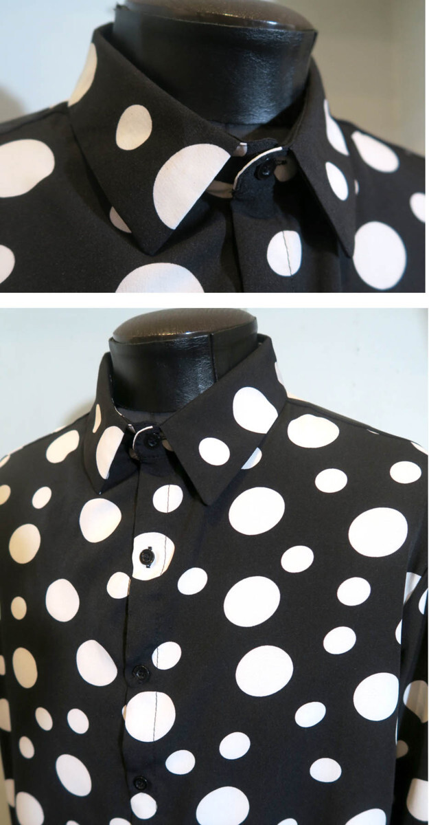 新品 Sサイズ ピエロの様な水玉シャツ ドット柄シャツ 1482 黒×白 BLACK WHITE ブラック ホワイト ヴィジュアル系 柄シャツ スプリング_画像3