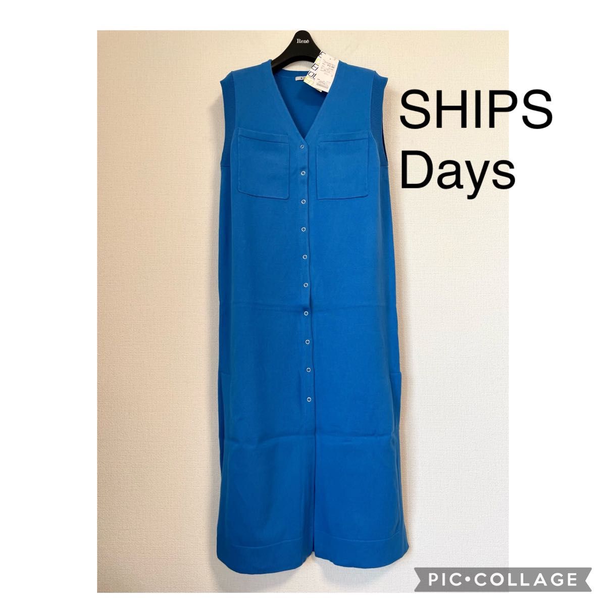 【新品】SHIPS Days シップス Vネックノースリーブ2WAY ワンピース ニットジレ ロングワンピース ブルー コットン