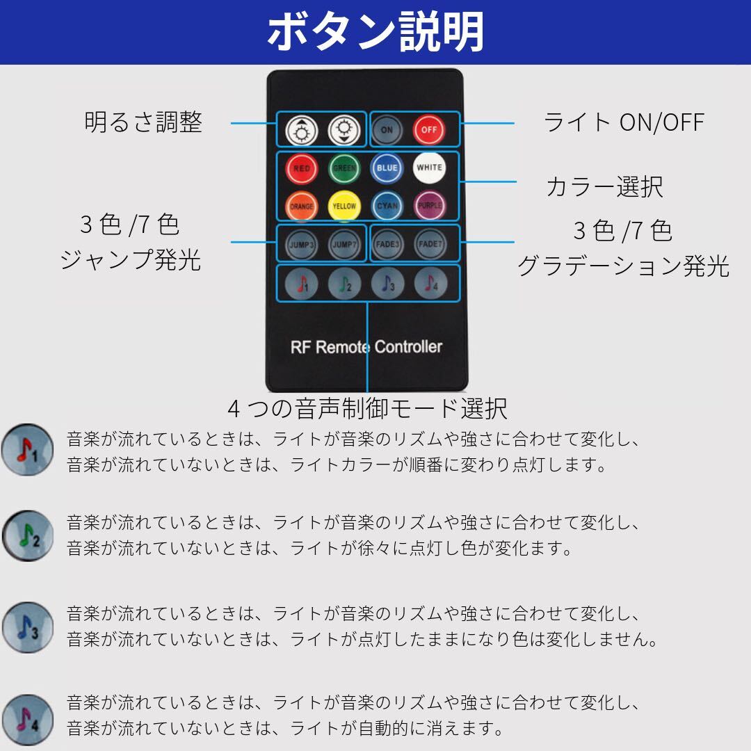 LED テープライト イルミネーション 車用 USB 照明 音感センサー フットライト ランプ 装飾 間接照明 8色 両面テープ付き_画像6