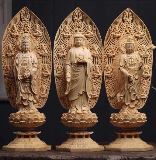 ☆在庫わずか 仏教美術 精密彫刻 仏像 手彫り 阿弥陀如来三尊立像 高さ約43cm の画像1