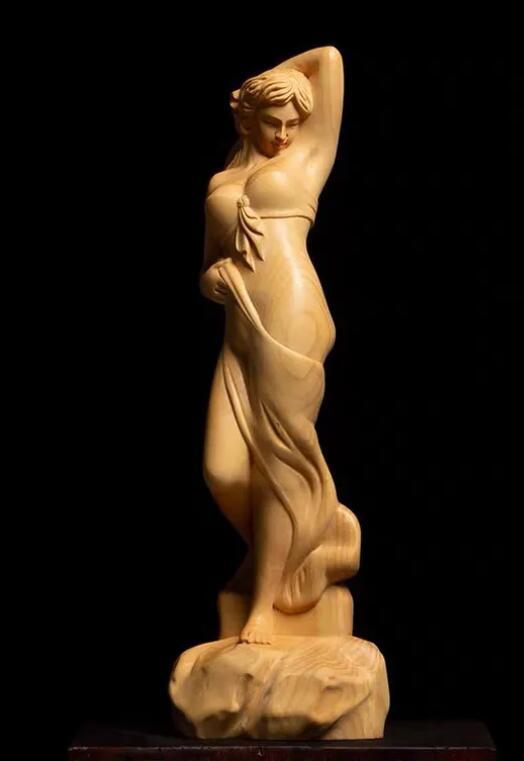 黄楊木*木彫りのアイデア実木彫刻のセクシーな美人の置物_画像1