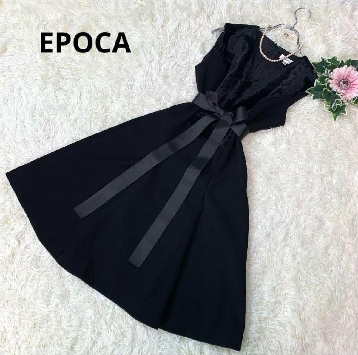 B29エポカ：M ロングワンピース ドレス 異素材 ファー 切替 リボン Aライン フレア 黒 ブラック ノースリーブ EPOCA