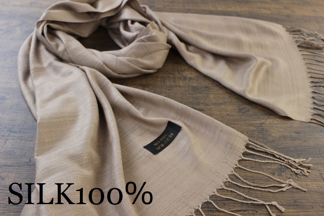 新品【シルク100% SILK】無地 ベージュ BEIGE Plain 大判 ストール_画像1