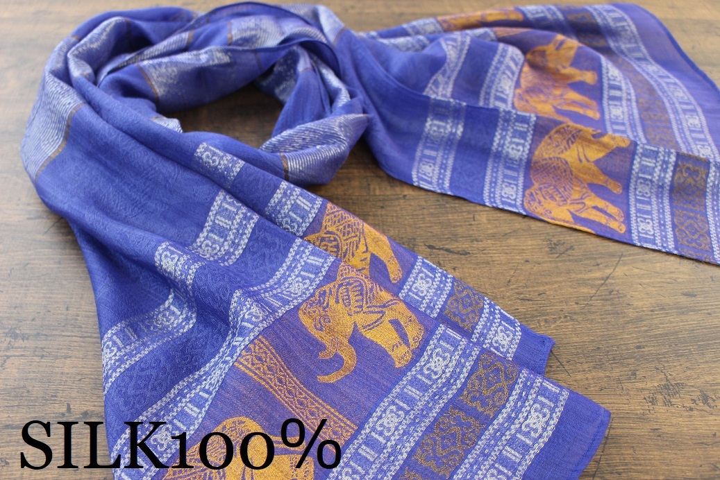 新品 薄手【シルク100% SILK】エレファント柄 象柄 ロイヤルブルー 青 ROYAL BLUE ゴールド GOLD 金 スカーフ/ストールの画像1