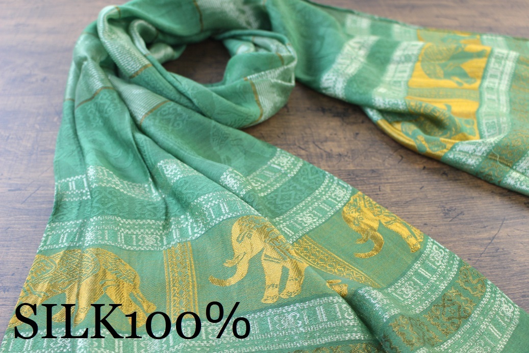 新品 春色 薄手【シルク100% SILK】エレファント柄 象柄 グリーン 緑 GREEN ゴールド GOLD 金 スカーフ/ストールの画像1